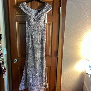 Elegant Lace Evening Gown in Silver
